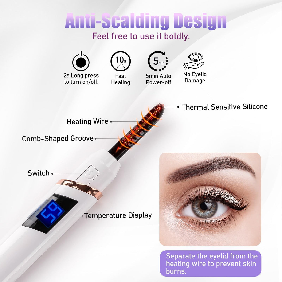 Rechargeable Electric Eyelash Curler with Fast Heating & 4 Temperature Modes