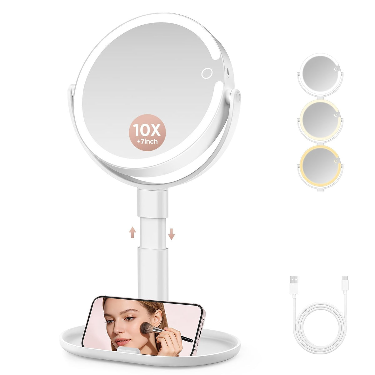 Rechargeable LED Lighted Makeup Mirror with 10X Magnification and Adjustable Height