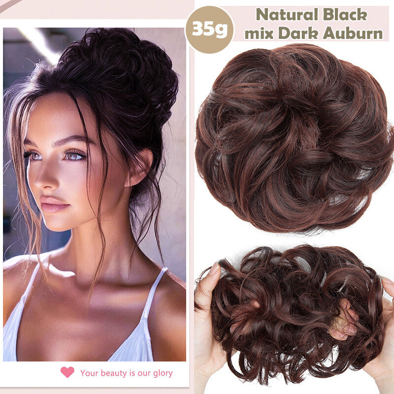 Natural Human Hair Messy Bun Ponytail Extensions with Curly Scrunchie Updo