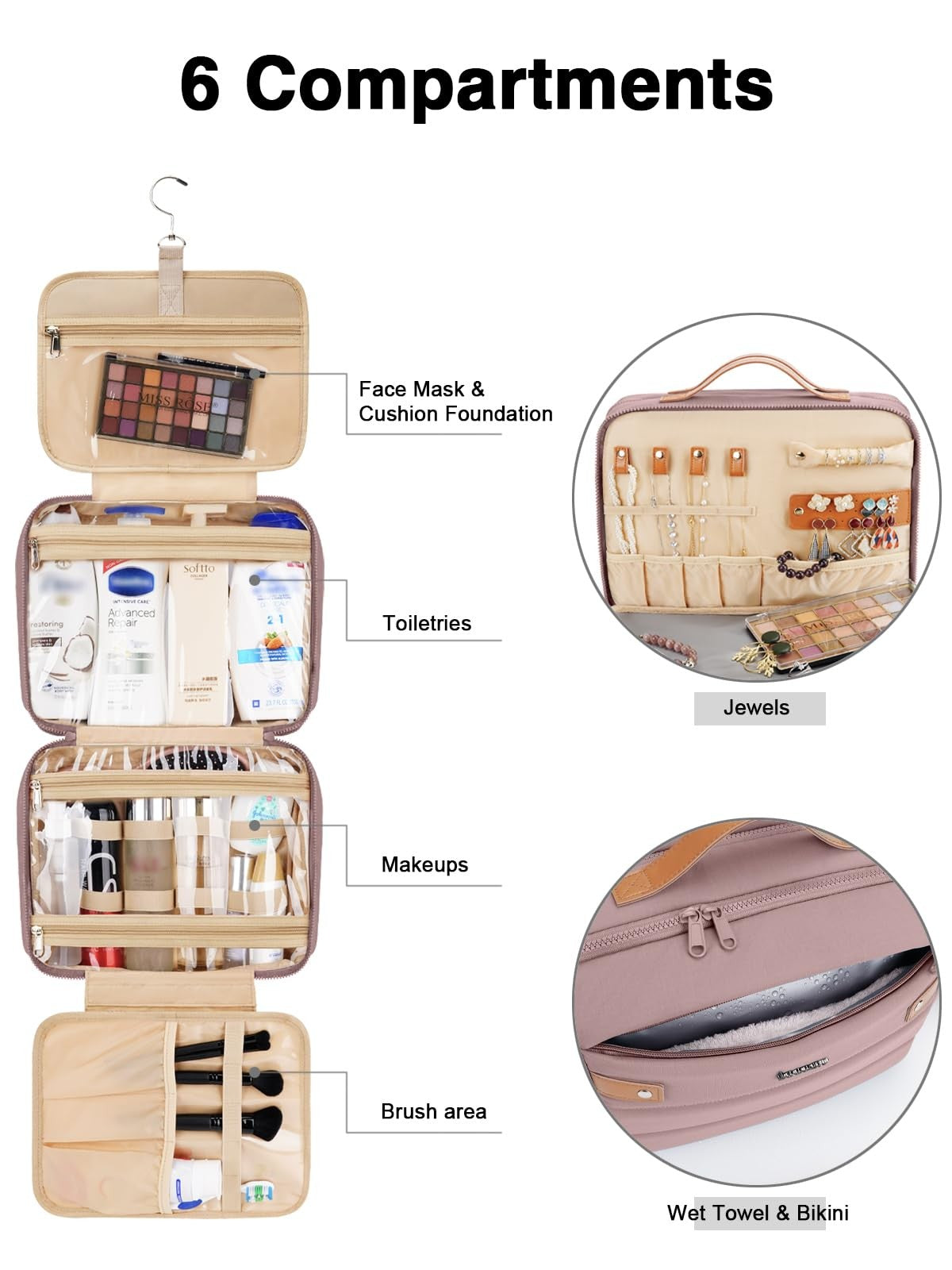 Women's Hanging Waterproof Toiletry Bag with Compartments Travel Organizer