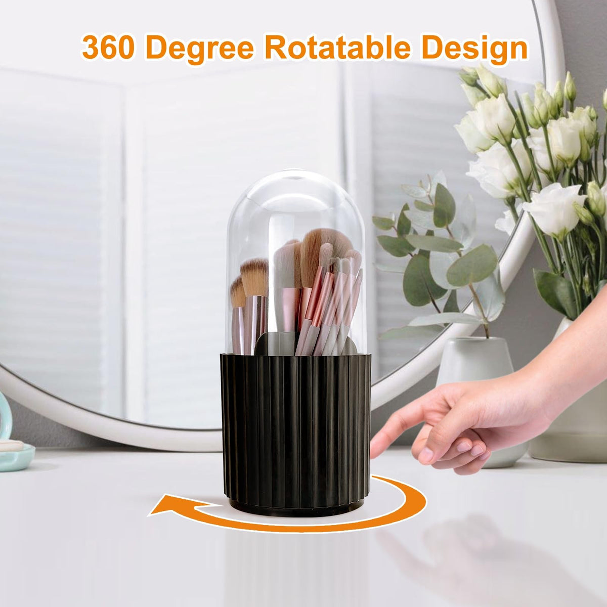 Rotating Makeup Brush Holder Organizer with Dustproof Lid 5 Slots