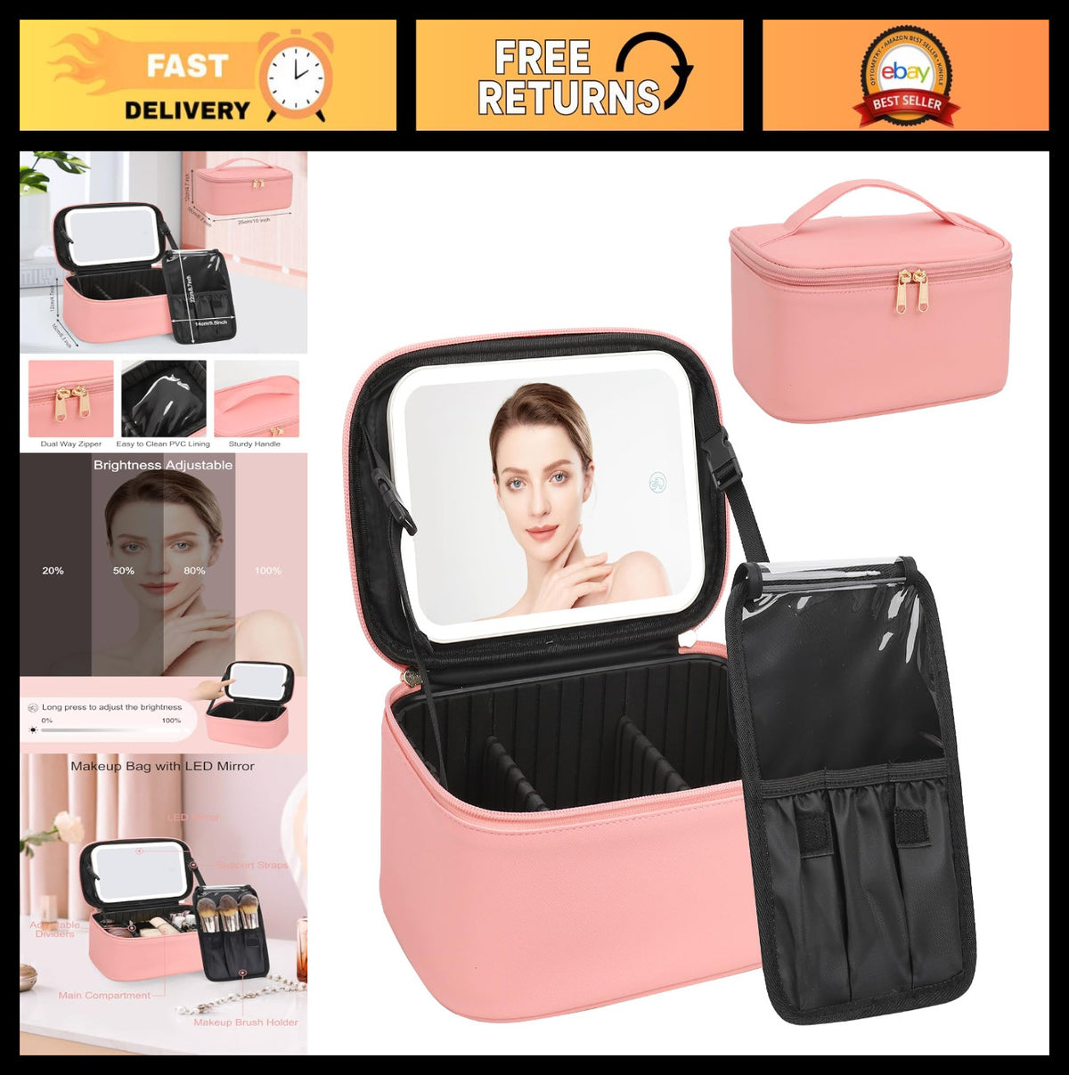 LED Makeup Bag with Light Up Mirror, Travel Cosmetic Organizer, Rechargeable