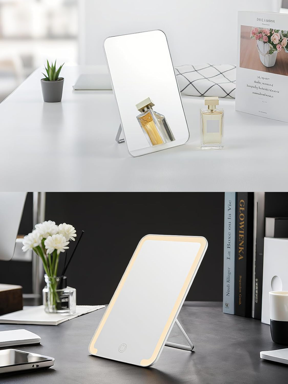 Tabletop Makeup Mirror with Foldable Stand and Hanging Hole - 8x5 Inches, White