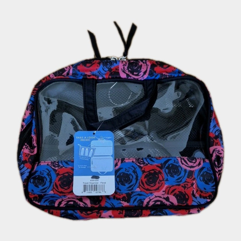 Travel Organizer Bag with Floral Design, Hangable with Pouch & 3 Travel Bottles