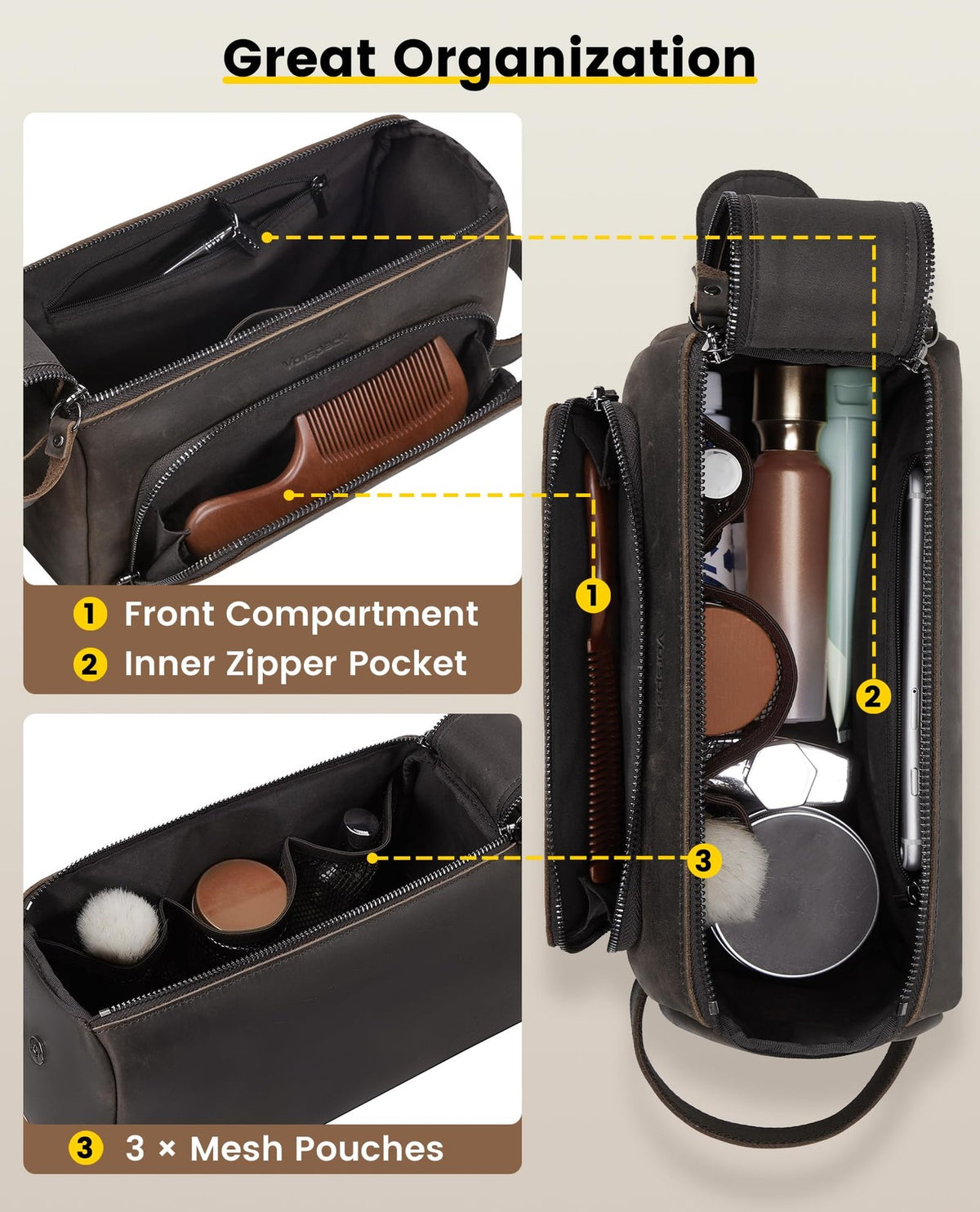 Genuine Leather Toiletry Bag for Men Water-Resistant Travel Case Dark Brown
