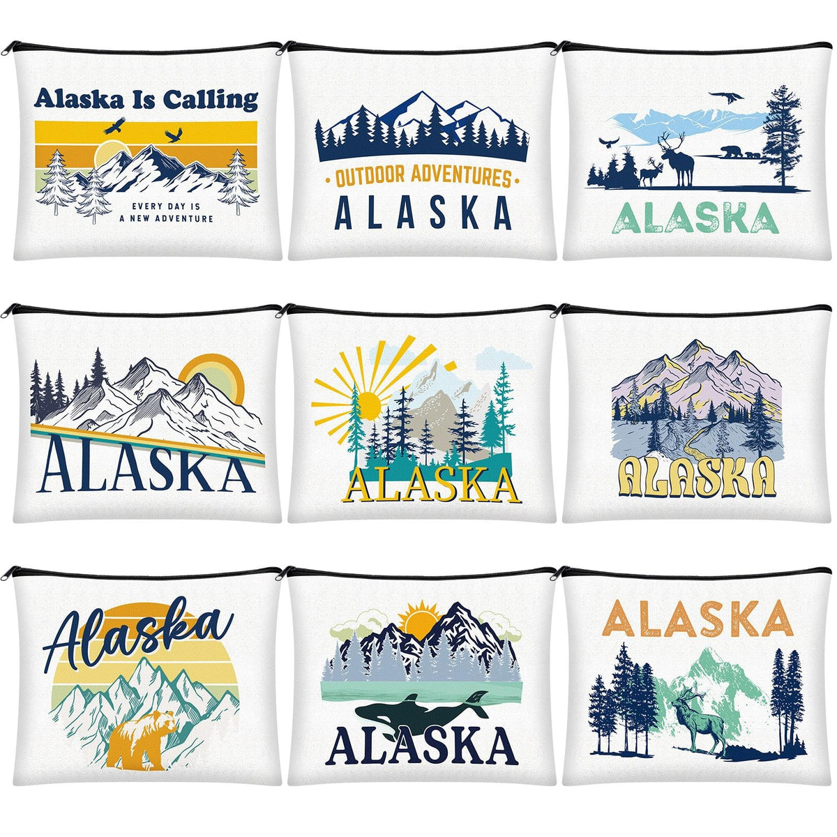 9-Pack Alaska Souvenir Cosmetic Bags Canvas Zipper Pouches Gift Set