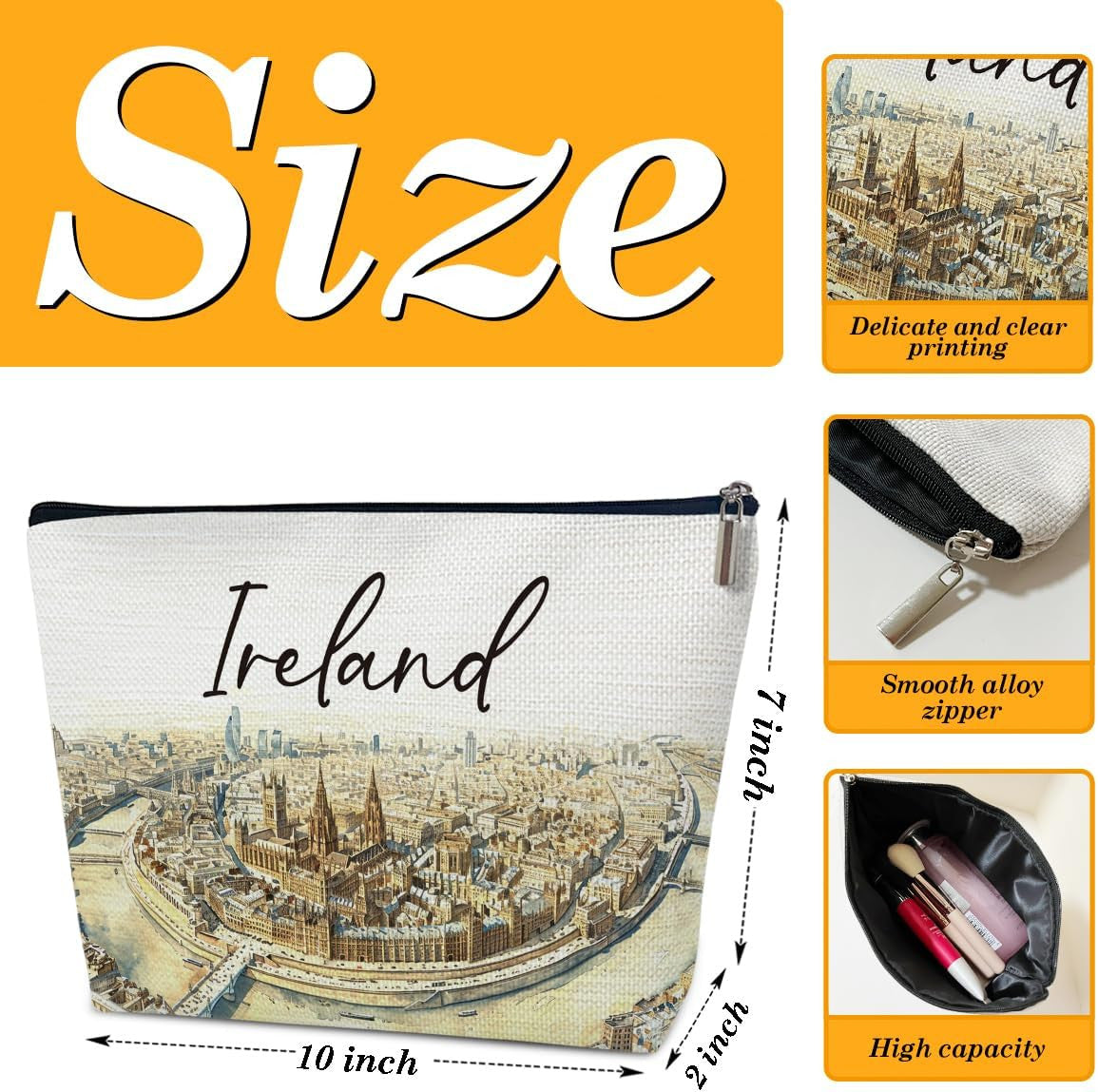 Ireland Travel Makeup Bag - Watercolor City Cosmetic Organizer, Waterproof