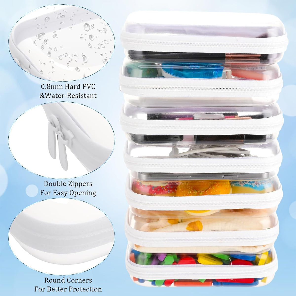 8-Pack Clear Hard Shell Zipper Pouches for Travel Storage & Organization