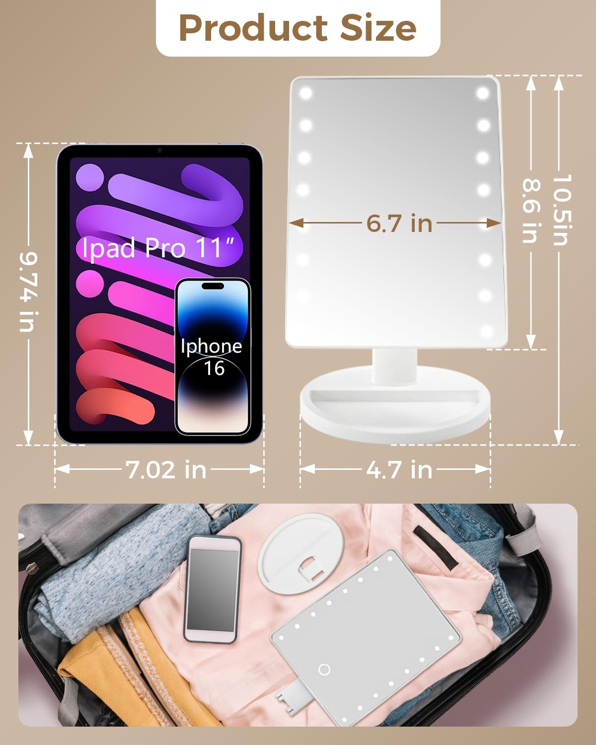 Dimmable Lighted Makeup Vanity Mirror with Dual Power USB & Batteries