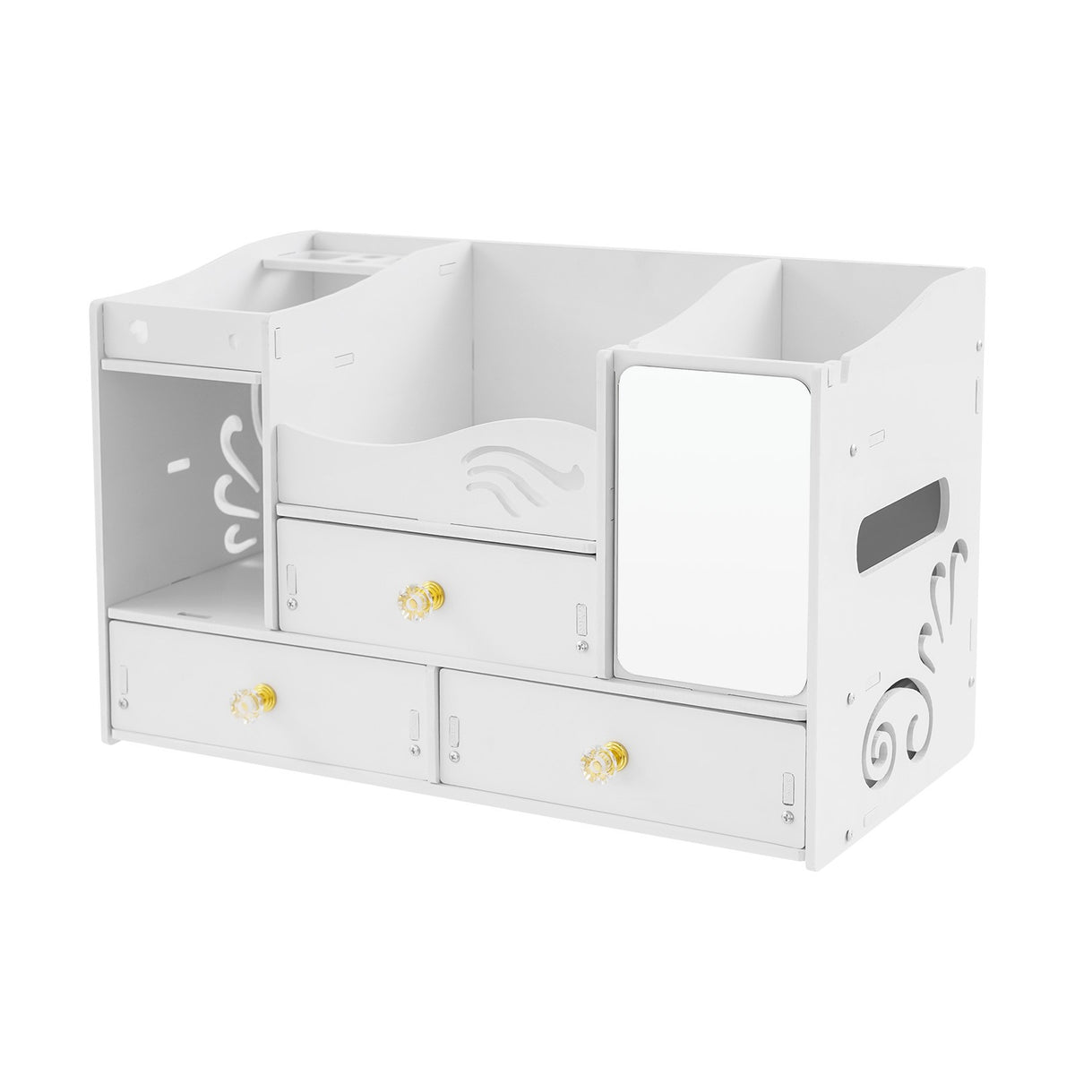 White PVC Makeup Organizer with 3 Drawers & Mirror - Modern Vanity Storage
