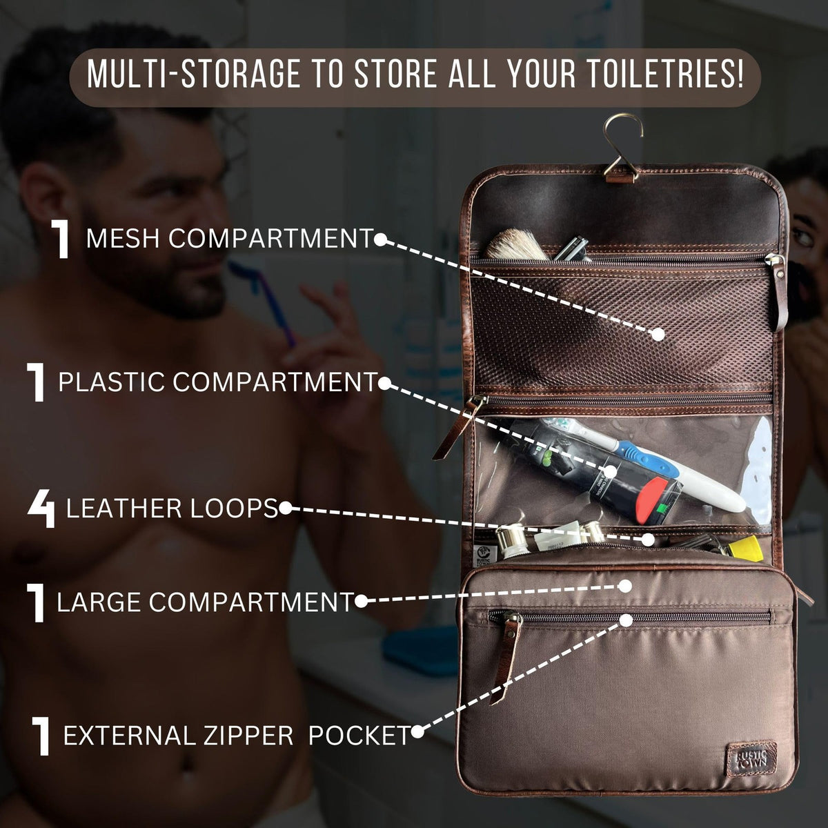 Leather Hanging Toiletry Bag Men Travel Organizer with Brass Hook