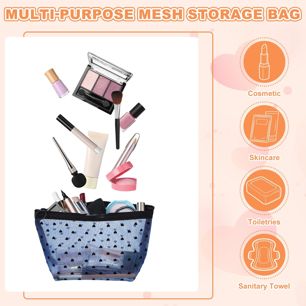 2 Pack Mesh Makeup Bags with Heart Print - Portable Cosmetic Organizer