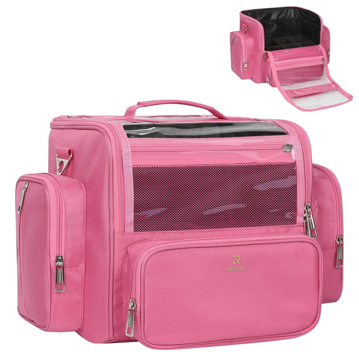 Large Pink Makeup Brush Bag with Clear Lid and Adjustable Dividers