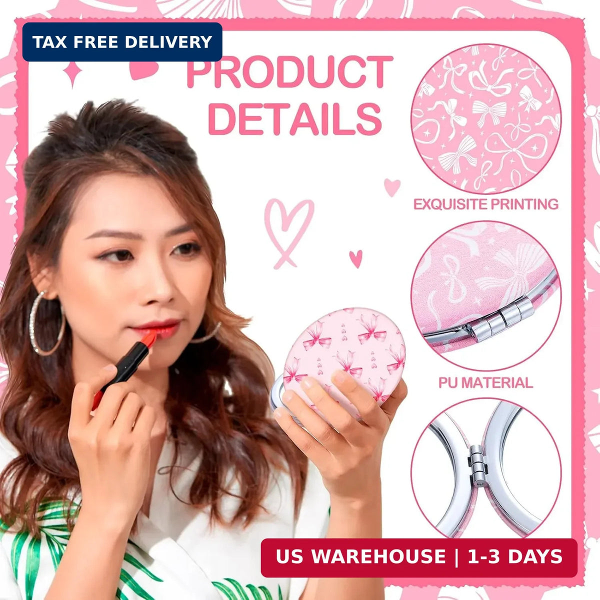 Pink Bow Compact Mirrors Set - Double-Sided Makeup Mirrors with Magnification, Portable and Stylish for Women & Girls