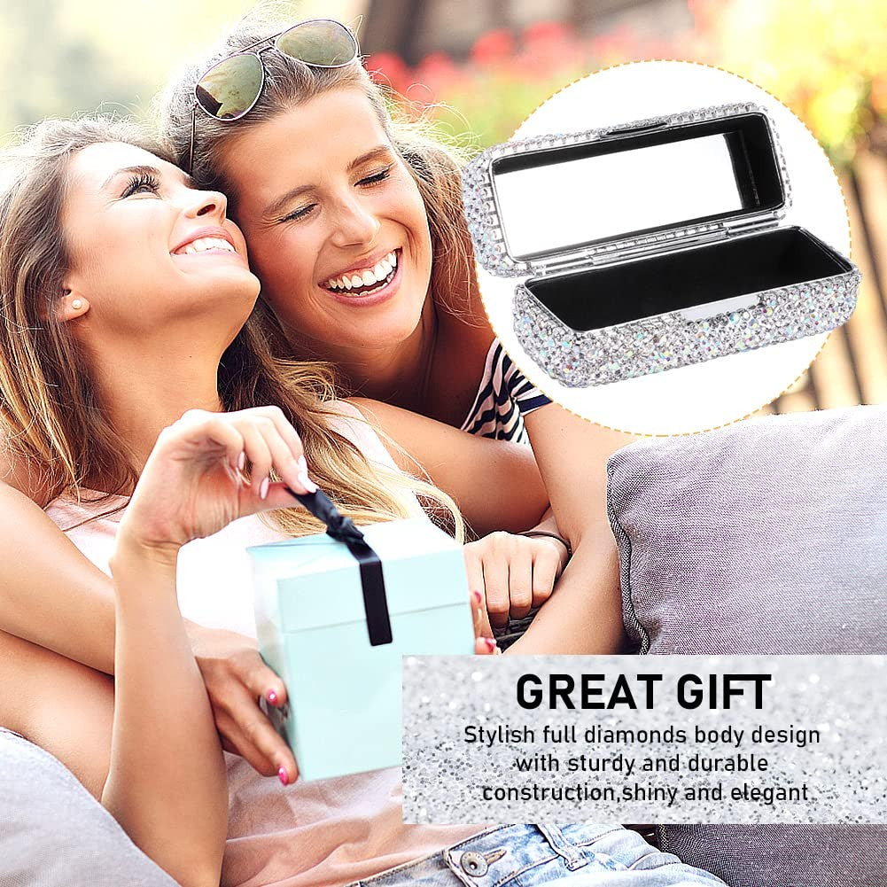 Crystal Rhinestone Lipstick Organizer with Mirror - Bling Makeup Case for Travel & Vanity