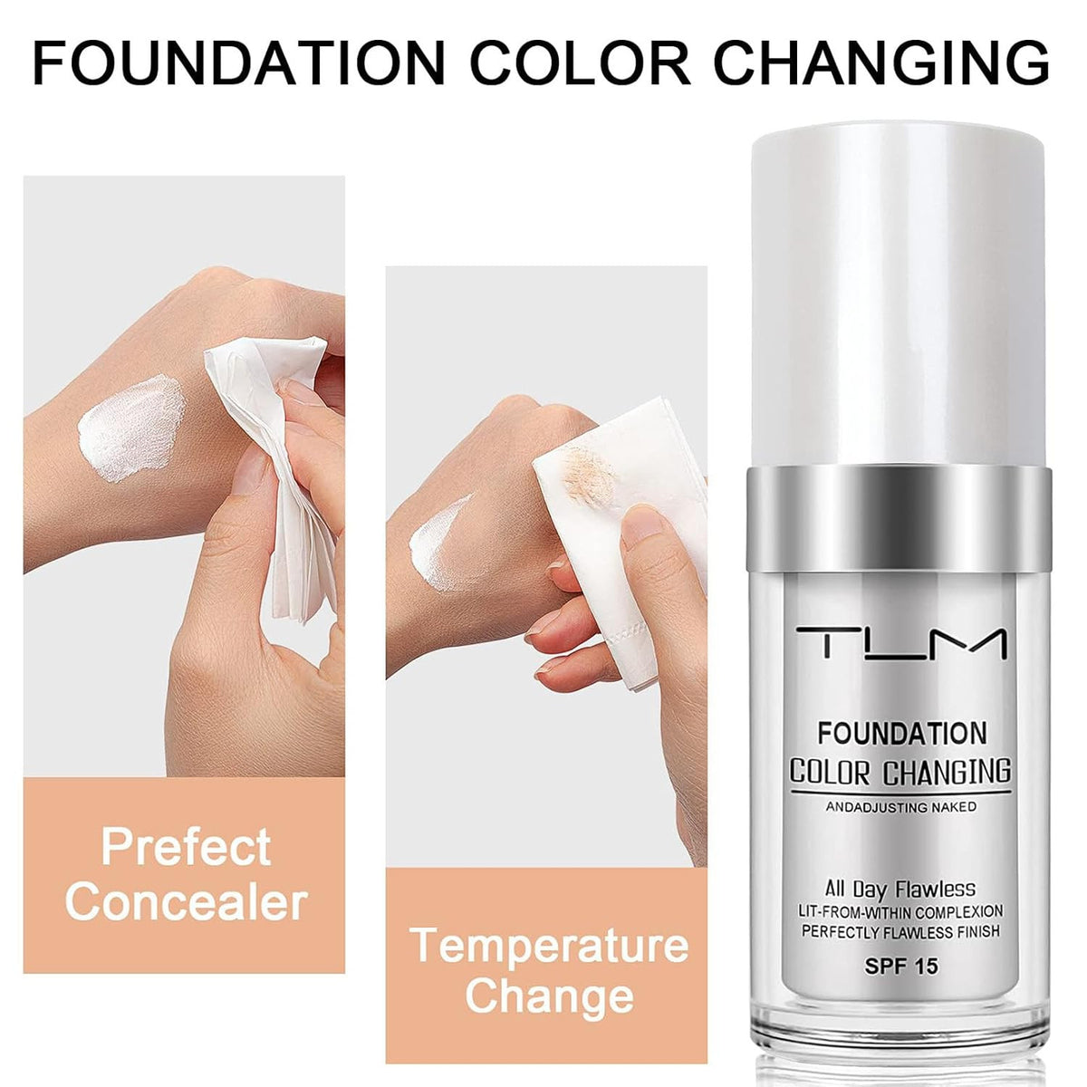 Color Changing Liquid Foundation with SPF 15 - All Day Flawless Coverage, Concealer & Skin Tone Self-Adjusting Base