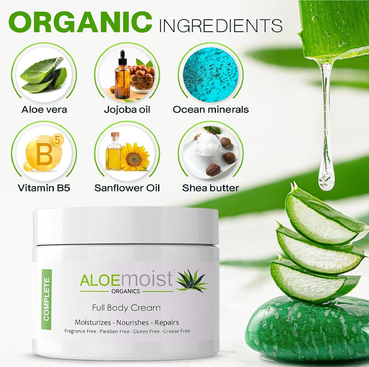 Organic Aloe Vera Face Cream & Body Moisturizing Cream, Lot 2 oz