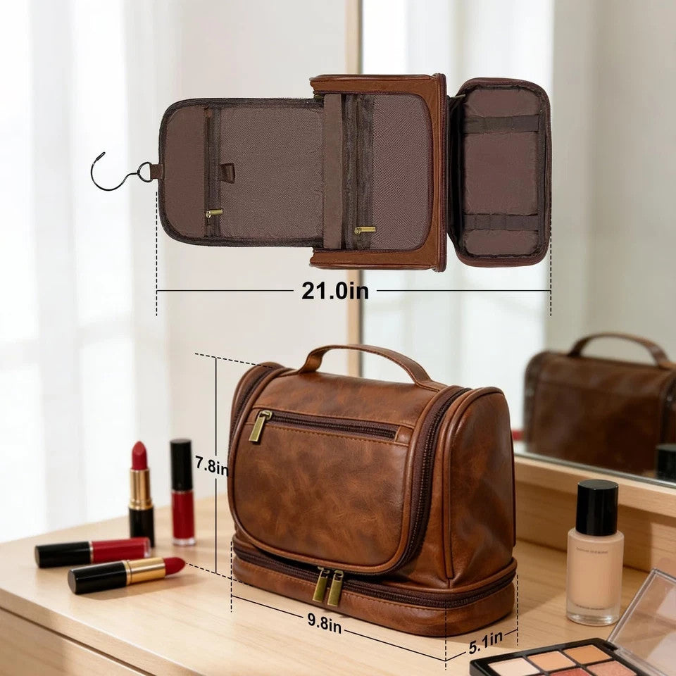 Travel Toiletry Bag for Men and Women Waterproof Leather Hanging Organizer