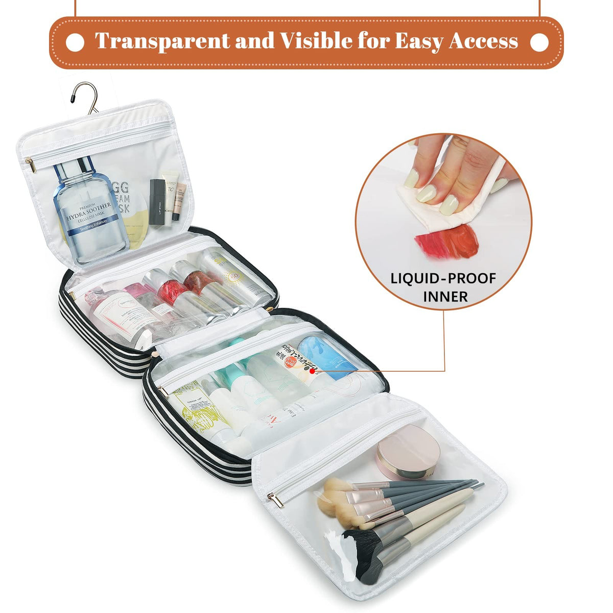 Large Capacity Water-Resistant Travel Cosmetic Organizer Bag with Hanging Hook