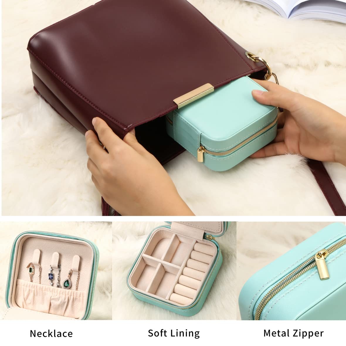 Travel Jewelry Case with Mirror - Compact Jewelry Organizer for Earrings, Rings, Necklaces - Black