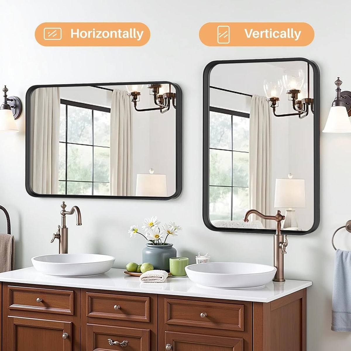 30x22 Inch Matte Black Wall Mirror - Rectangular Bathroom Vanity Mirror with Tempered Glass