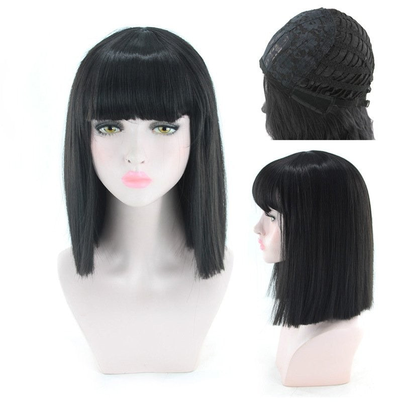 Black Short Bob Wig with Bangs - Straight Blunt Cut Shoulder Length Hair for Women