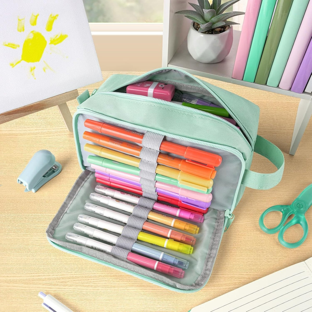 Large Mint Green Pencil Case with Handle, Multiple Compartments & Zipper