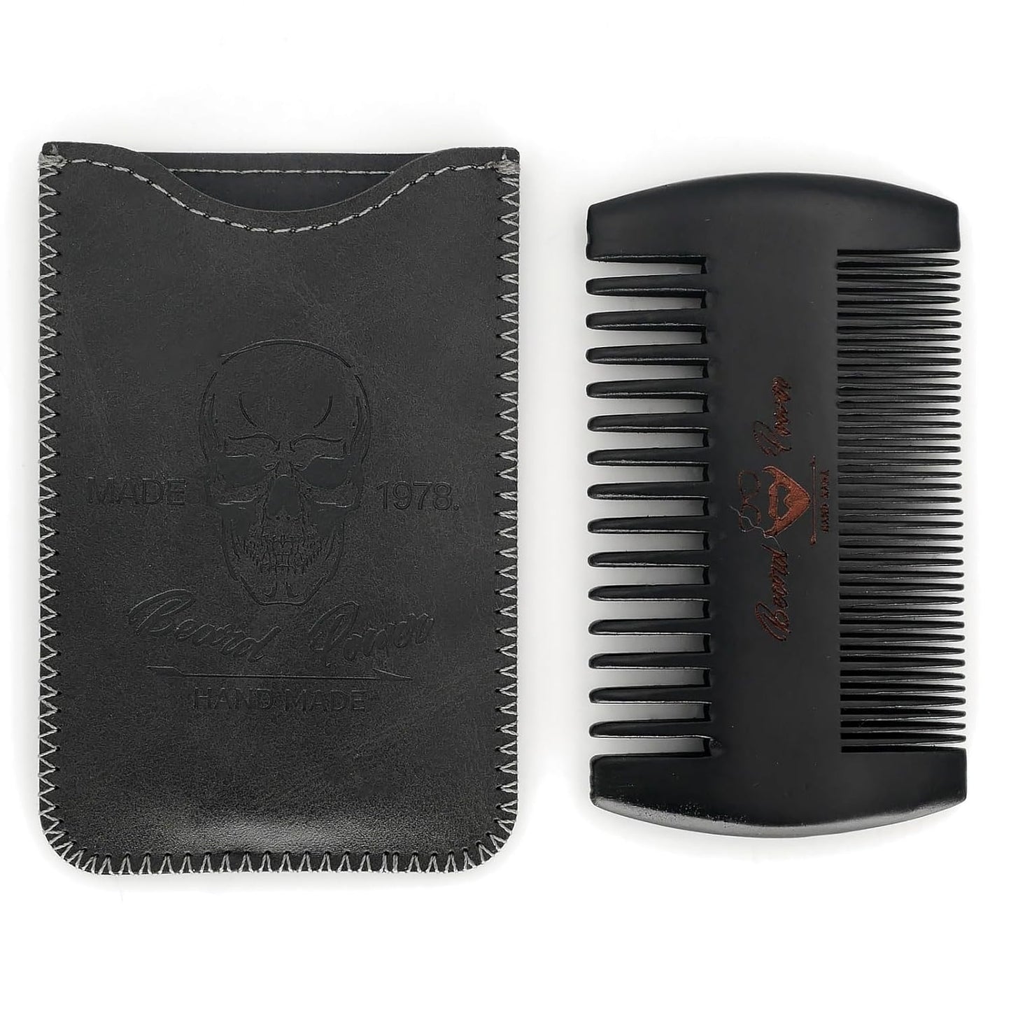 Black Wooden Beard Comb with Protective Leather Case - Travel Grooming Tool