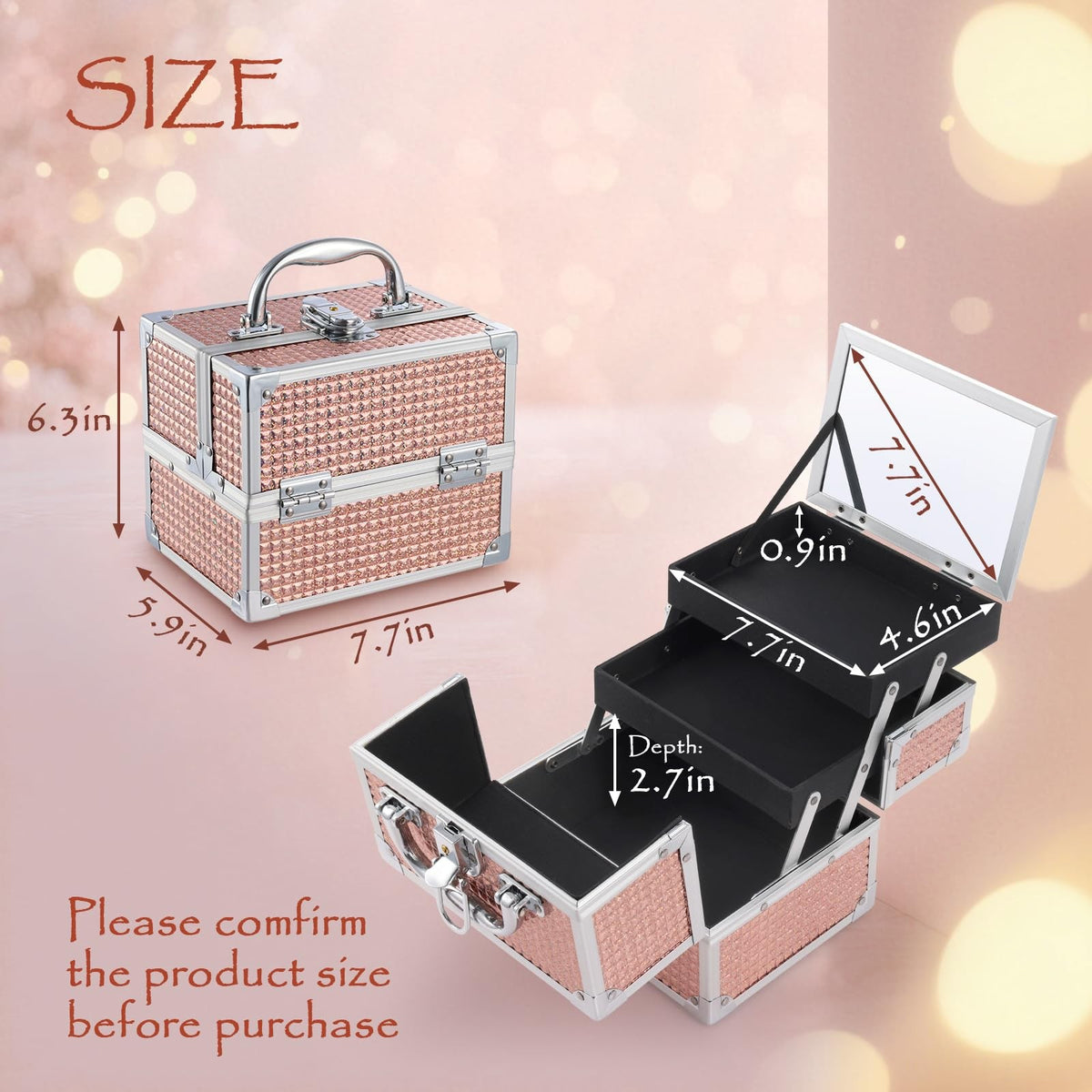 Cosmetic Makeup Box Organizer Case with Mirror, Glitter Pink 7.7 x 6.3 x 5.9 in