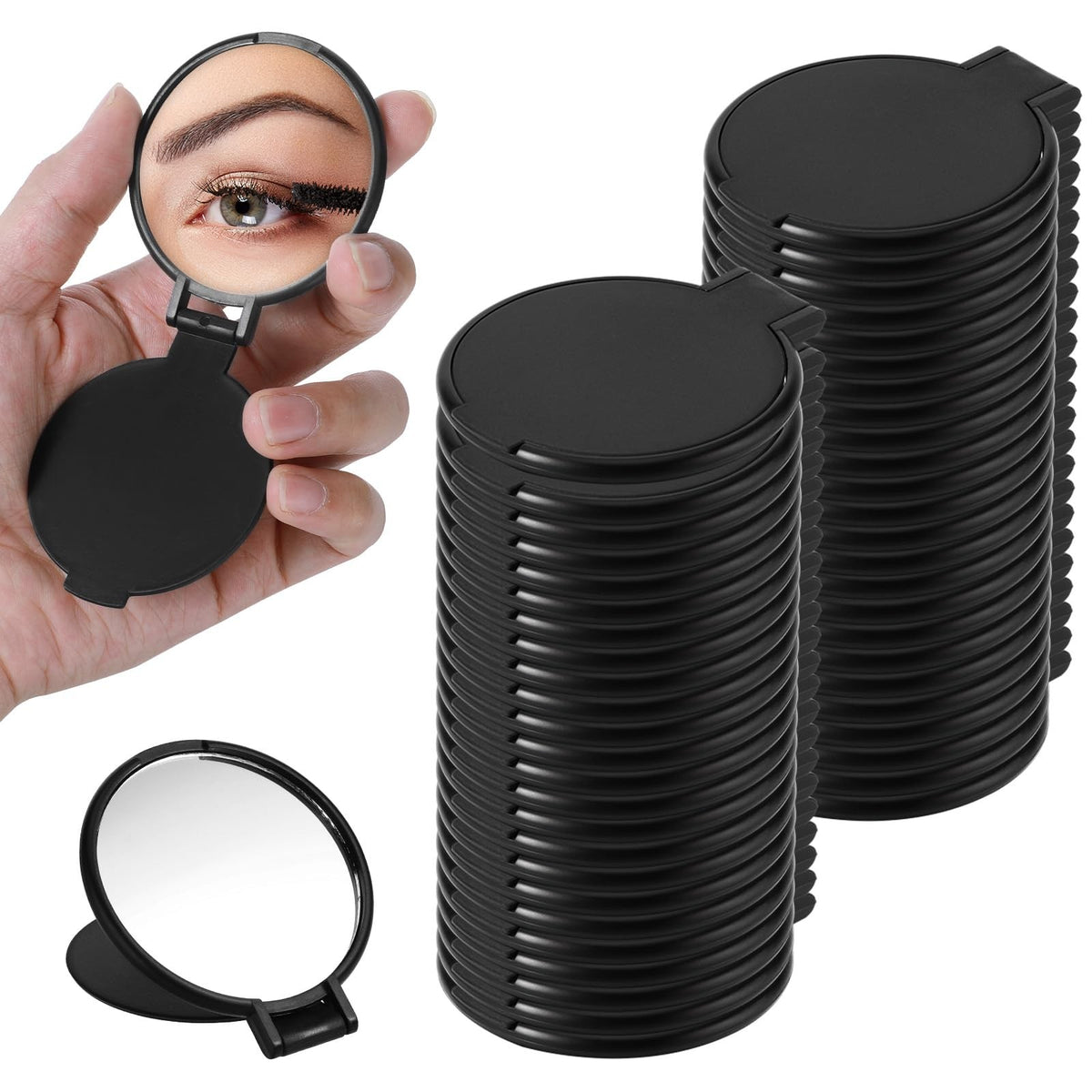 50 Pack Mini Foldable Round Makeup Mirrors - Portable Black Bulk