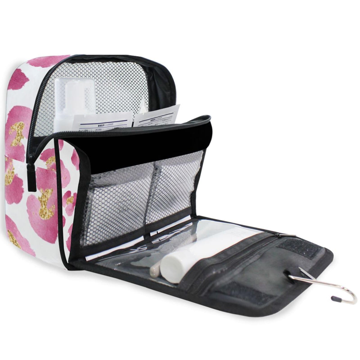 Pink Leopard Hanging Toiletry Makeup Bag - Travel Organizer with Water-Resistant Nylon
