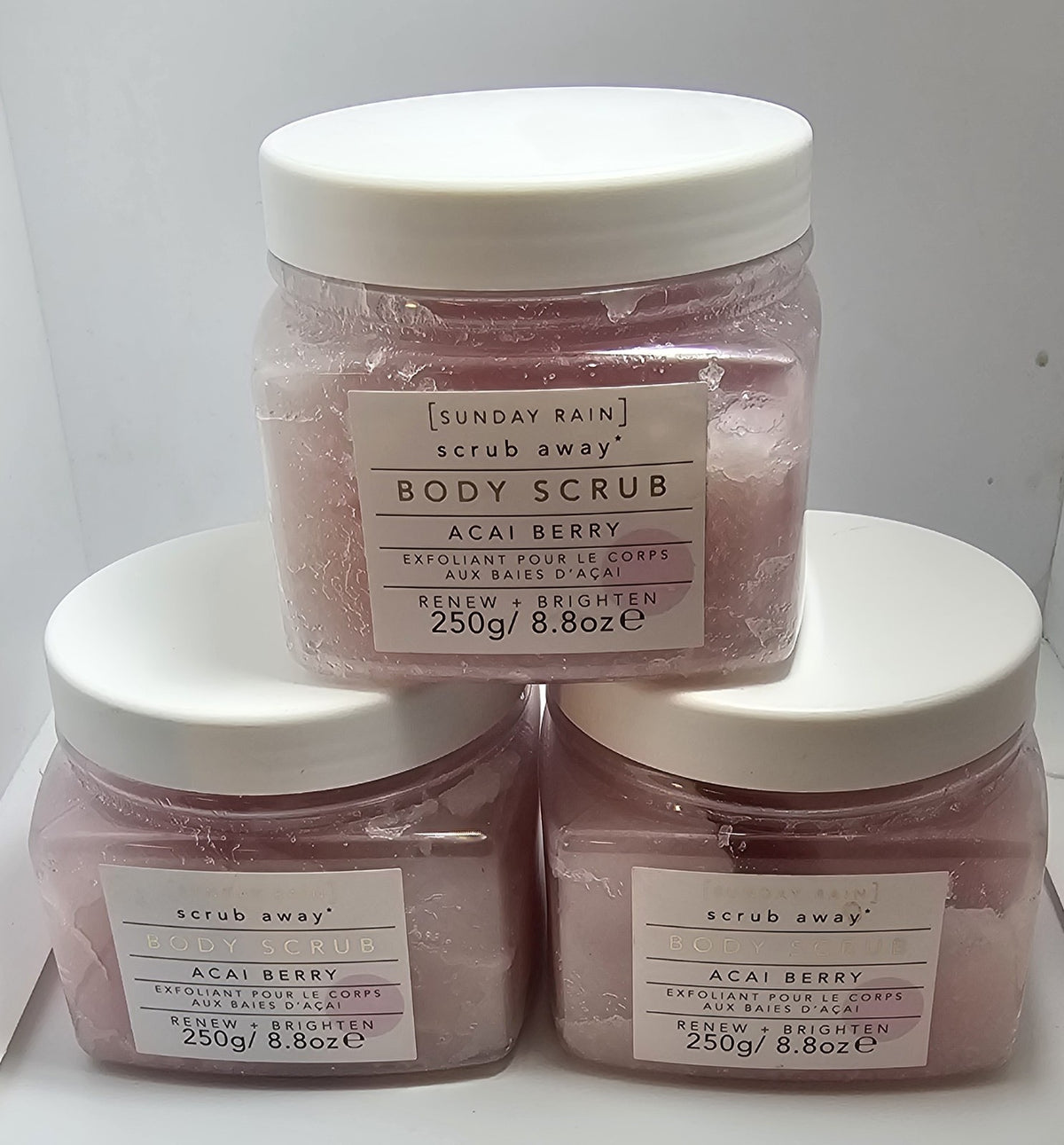 3-Sunday Rain Body Scrub Away Vegan Exfoliant Acai Berry 8.8 oz Renew