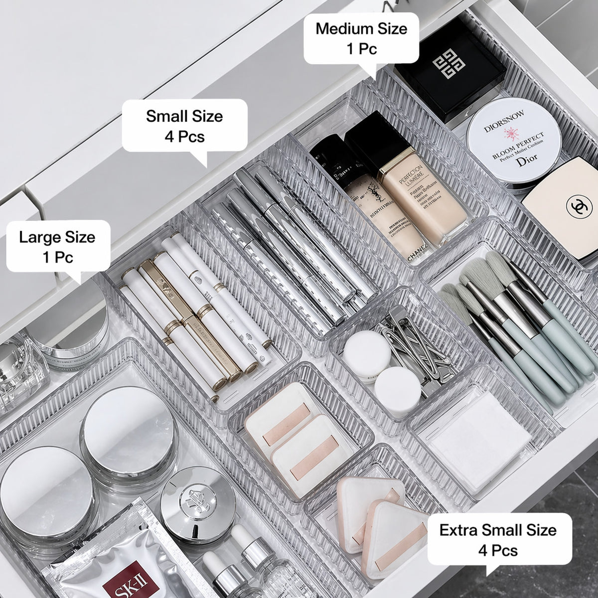 Clear Acrylic Drawer Organizer Set for Makeup and Skincare - 10 Pack