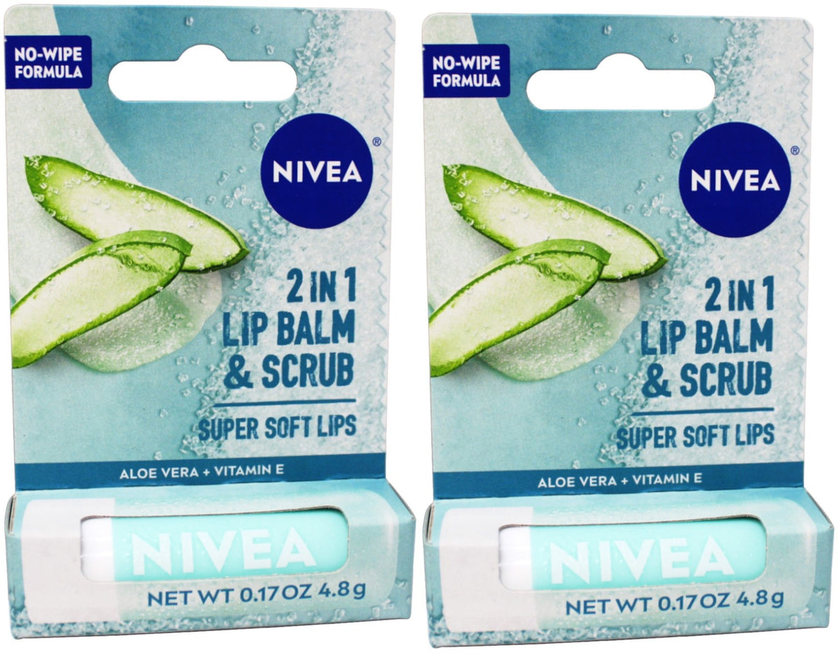 2 Pack Lip Balm & Scrub for Soft Lips with Aloe Vera & Vitamin E - Gentle Exfoliating Stick