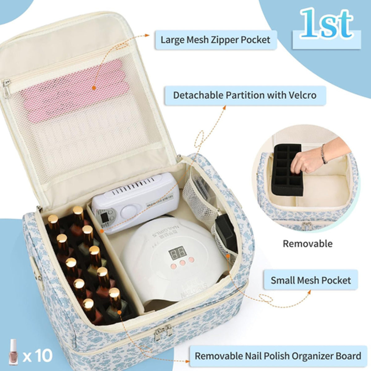 Travel Nail Polish Organizer Case with 45 Bottle Capacity & Nail Lamp