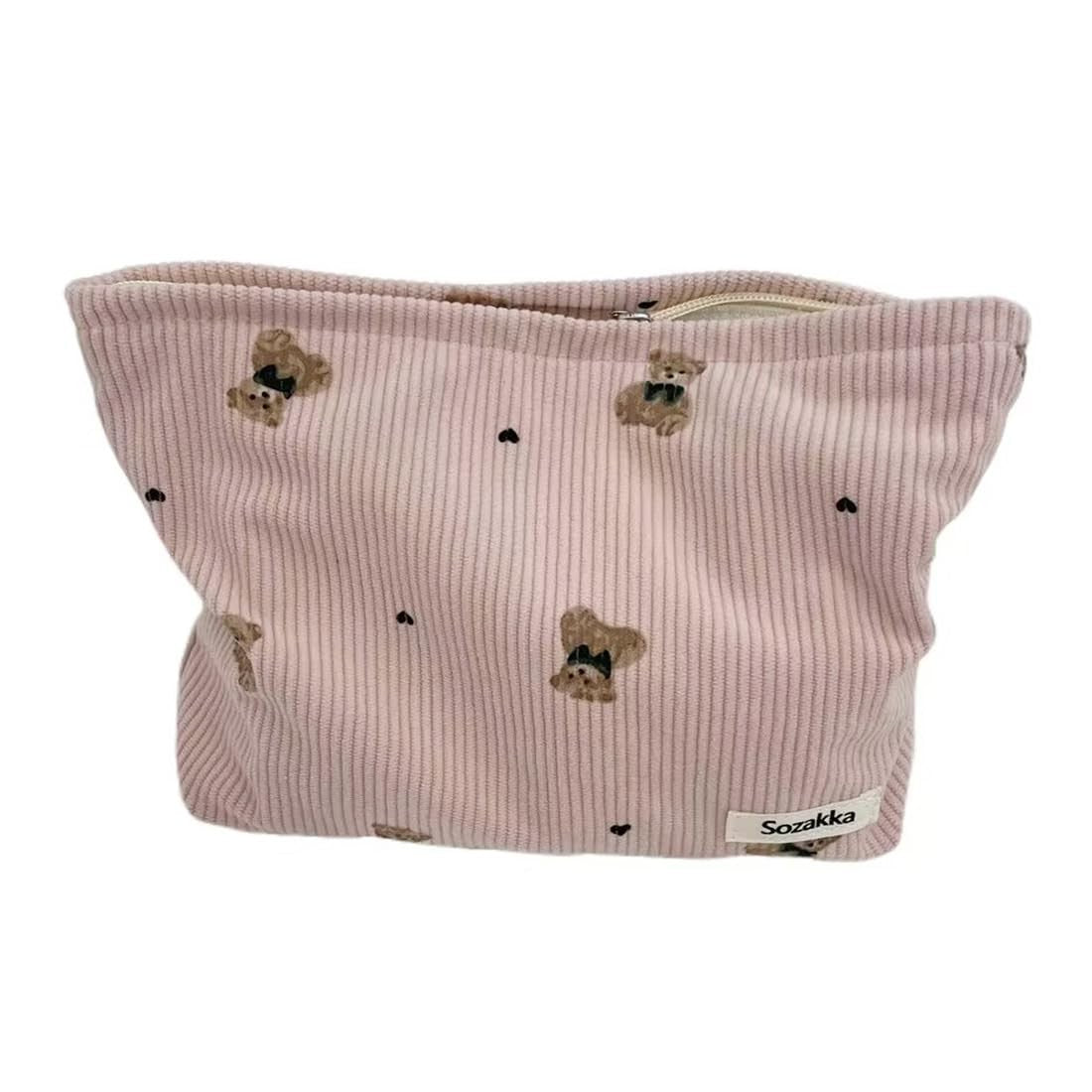 Corduroy Makeup Bag with Bear Design, Large Capacity Travel Organizer, Pink