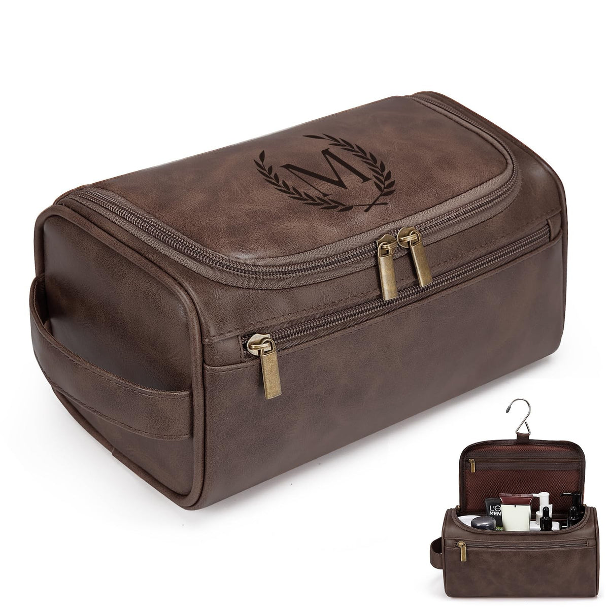 Personalized Waterproof Travel Toiletry Bag for Men - Leather Dopp Kit with Initials