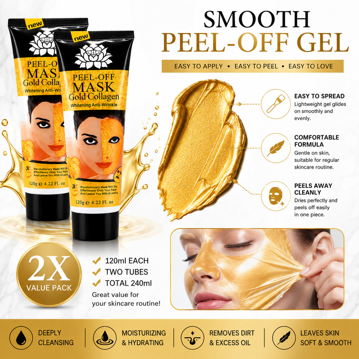 Gold Collagen Peel-Off Facial Mask - 2 Pack, 120ml