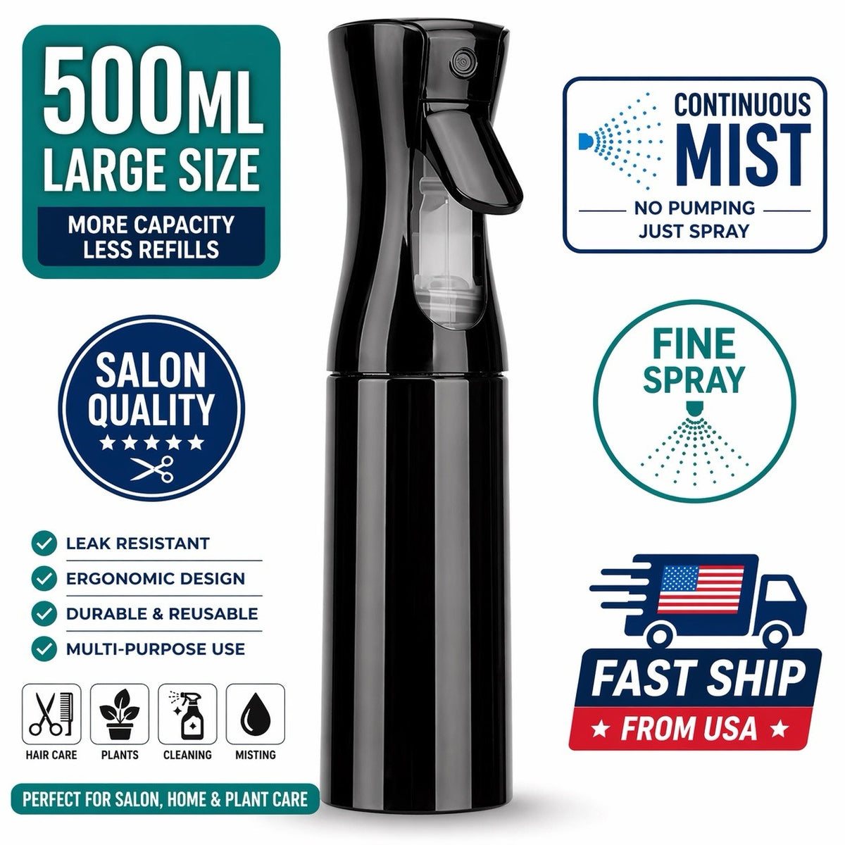 500ml Black Continuous Mist Spray Bottle for Hair, Salon, Plant & Barber