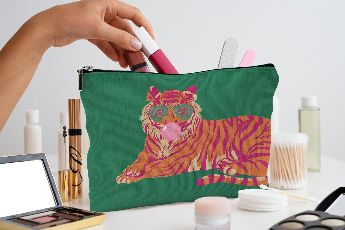 Trendy Preppy Pink and Orange Tiger Makeup Bag - Compact Cosmetic Organizer