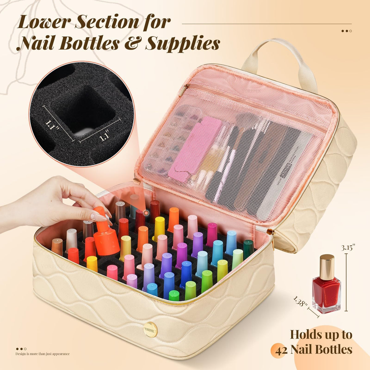Beige 2-Layer Nail Polish Organizer Case Holds 42 Bottles Travel-Friendly Manicure Storage
