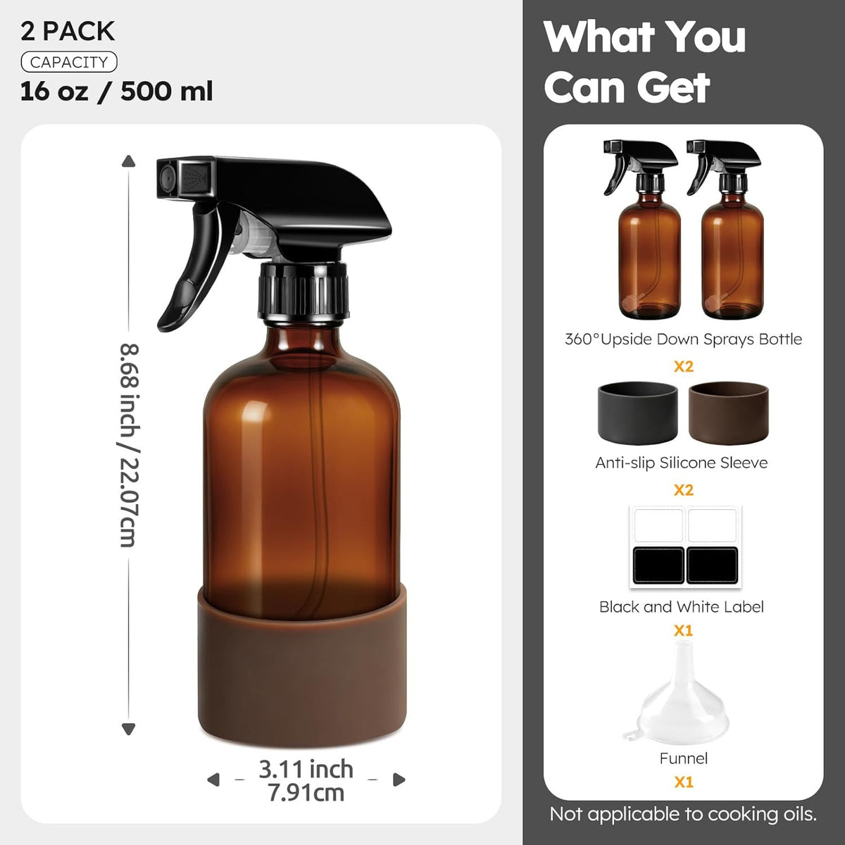 360° Amber Glass Spray Bottles Set - Refillable 16 Oz with Adjustable Nozzles & Silicone Sleeve