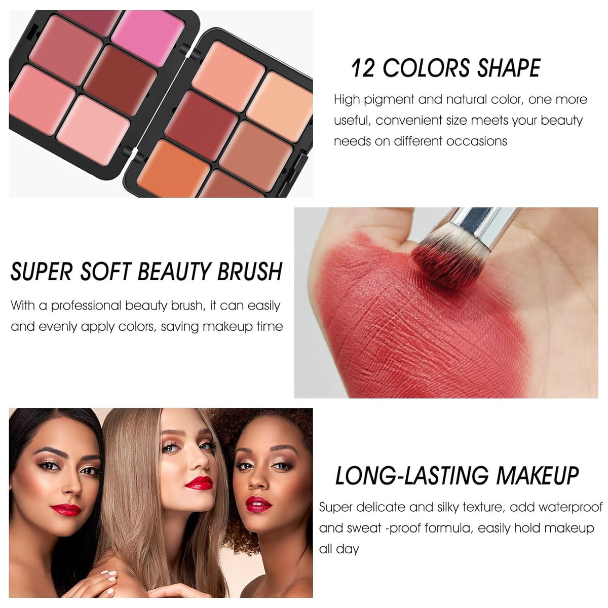 12-Color Cream Blush Palette for Cheeks - Waterproof, Long Wear Face Makeup
