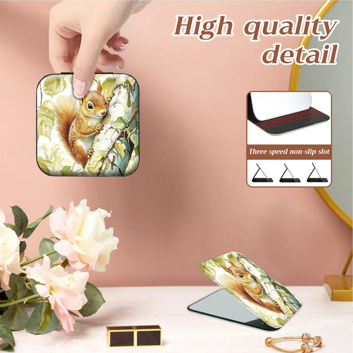 Travel Jewelry Case with Compact Mirror for Women, Squirrel Design