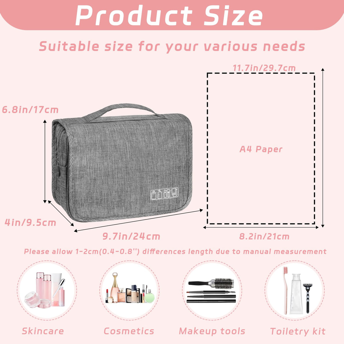 Waterproof Hanging Toiletry Bag - Travel Cosmetic Organizer, Grey, Small
