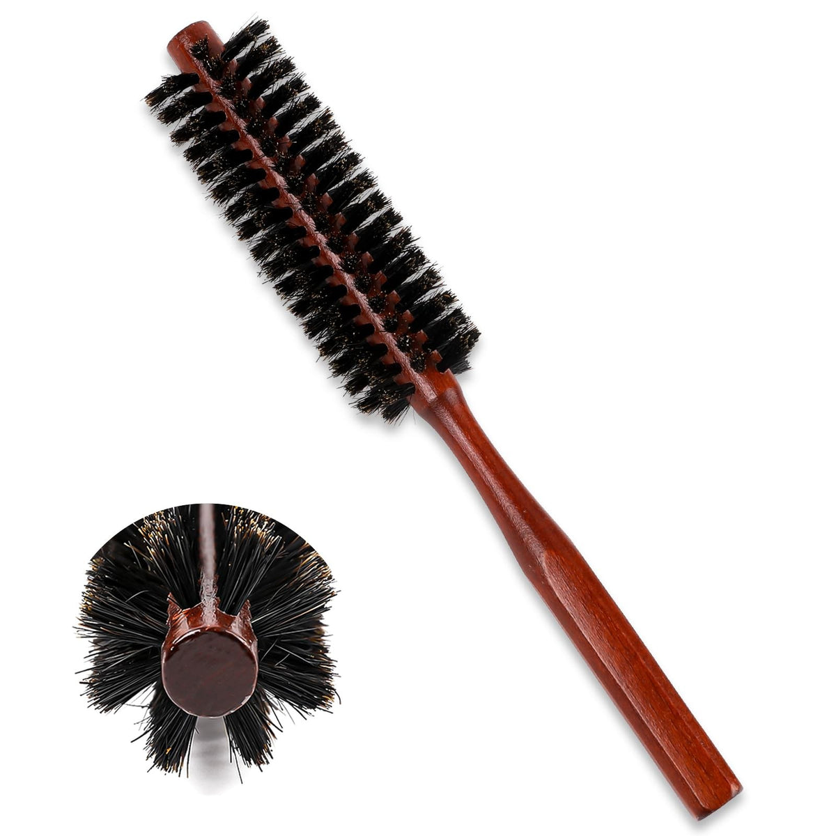 Small Round Boar Bristle Hair Brush for Thin Short Hair - Natural Wooden Styling Brush