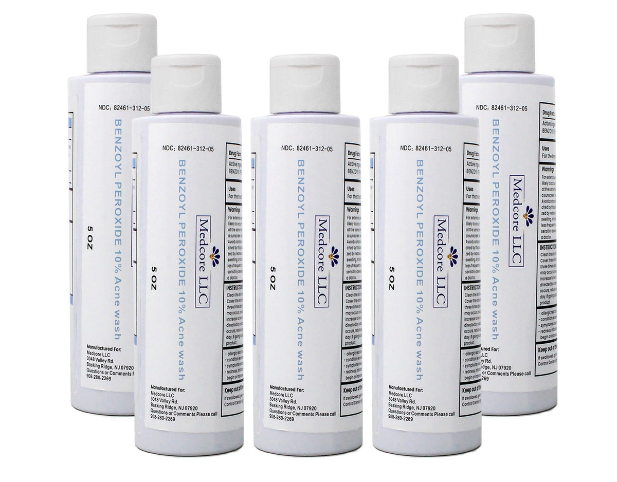 Medcore Benzoyl Peroxide 10% Acne Wash - 5 oz, Acne Treatment Pack of 5