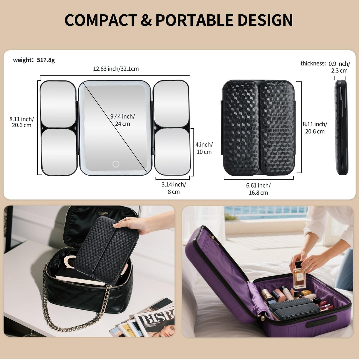 Rechargeable Travel Makeup Mirror with 5X-30X Magnification, Dimmable Light, Tri-Fold Design