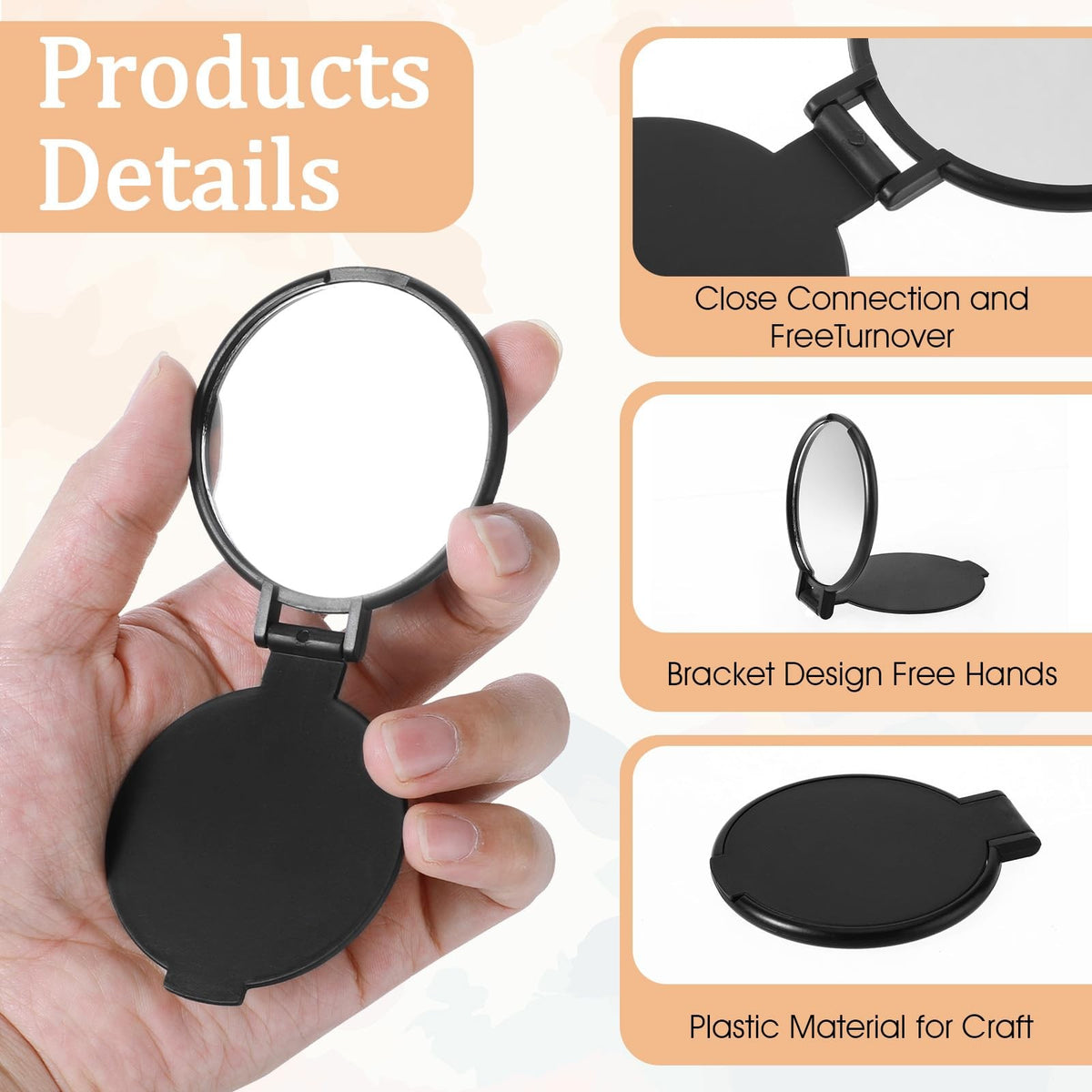 50 Pack Mini Foldable Round Makeup Mirrors - Portable Black Bulk