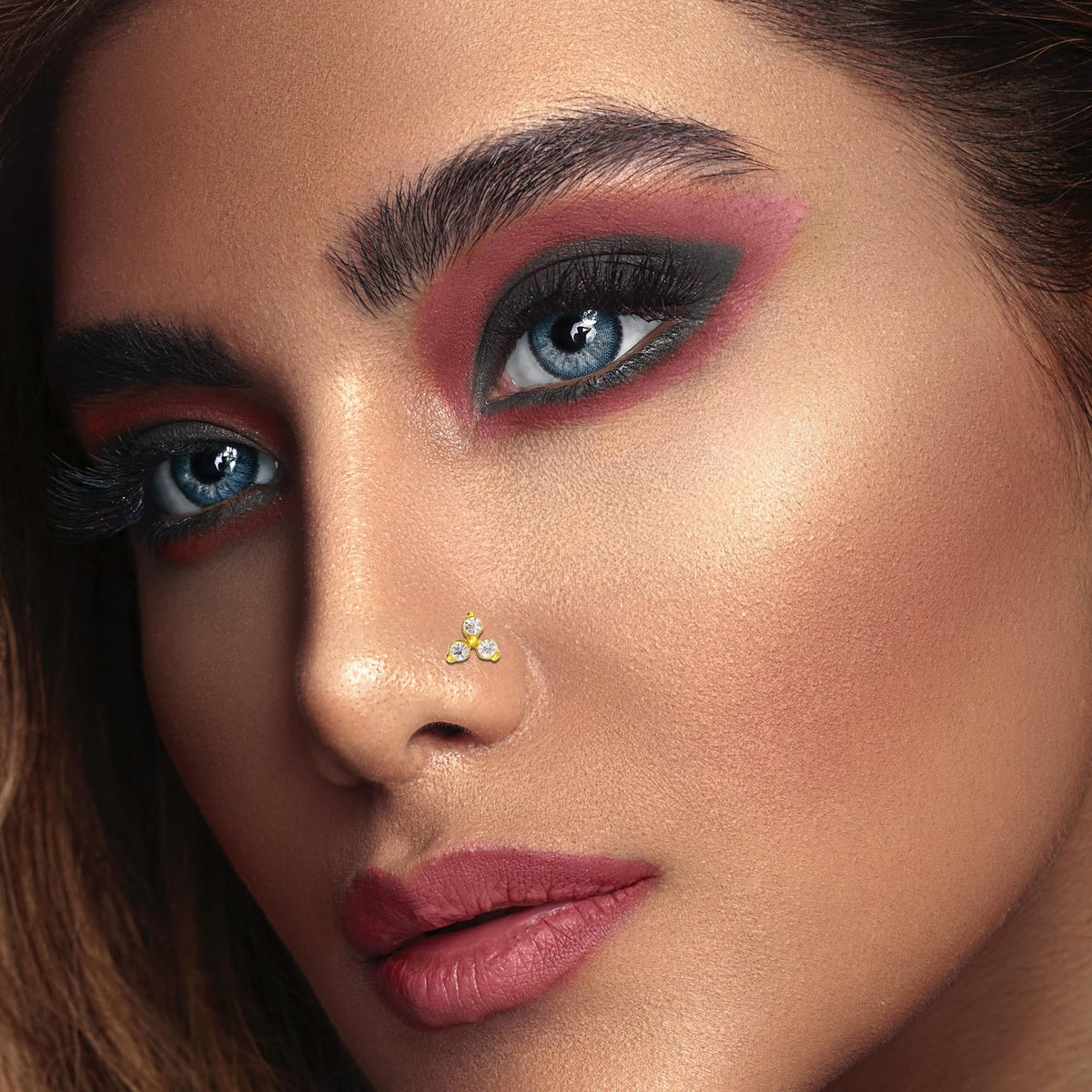 Reusable Golden Crystal Nose Bindis Trio - Non-Piercing Stick-On Nose Studs